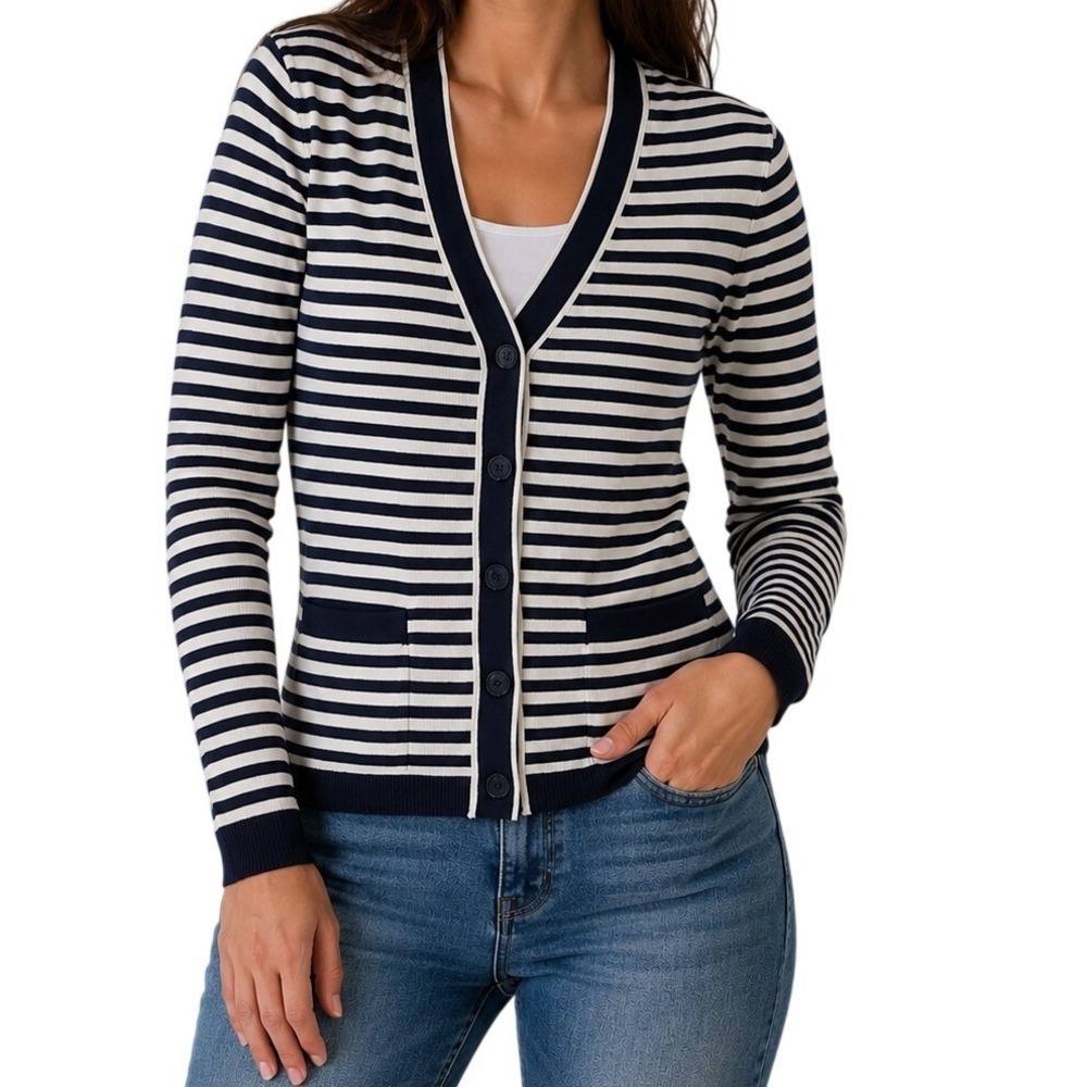 Dokotoo Navy Blue White Striped V-Neck Cardigan Sweater Women's Medium
